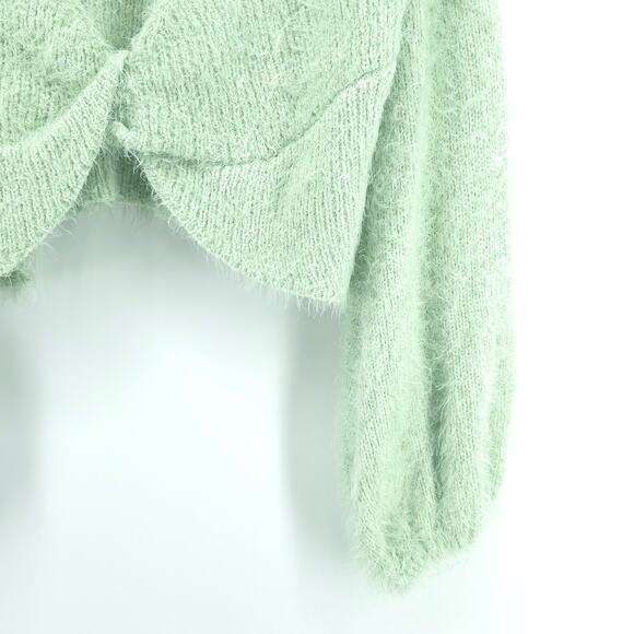 Rebels&Lovers V Neck Fuzzy Twisted Crop Green Eyelash Knit Sweater BellSleeve L - Picture 6 of 13